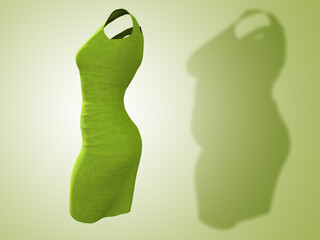 Conceptual fat overweight obese shadow female dress outfit vs slim fit healthy body after weight loss or diet thin young woman on green. A fitness, nutrition or obesity health shape 3D illustration