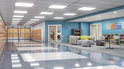 Long school corridor with orange lockers and rest zone, 3d illustration - 391249909