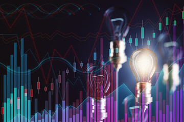 Glowing light bulb with charts on virtual screen.