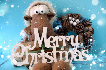 Merry Christmas and Happy New Year greeting card. Xmas holiday background with a Christmas toy