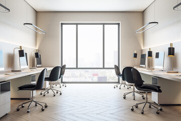 Bright coworking office interior with city view,