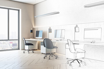 Modern hand drawn office interior with city view