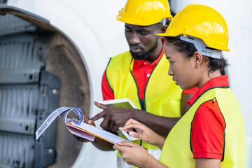 Engineer man worker wearing a safety helmet inspects the vehicle parts of the car in the warehouse...