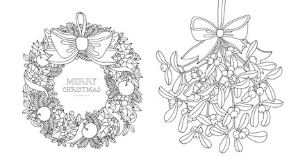 Christmas wreath and mistletoe with bow. Ribbons, pine tree branch, forest holly berry, apple fruit. Vector hand drawn artwork. Holiday concept. Coloring book page for adults, kids. Black and white © Oksana Trygub