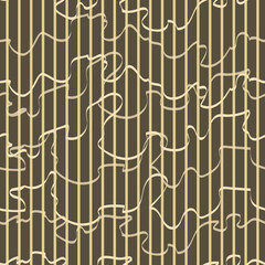 Festive Abstract Striped olive colored vector seamless pattern. Vertical stripes and Curly ribbons on green background. Elegance template for design, wallpaper, textile, ceramics.