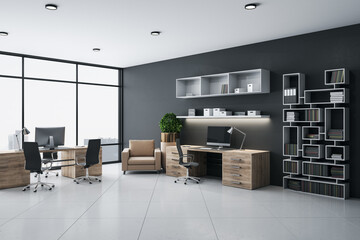 Office interior with computer, office chairs and shelves with folders.