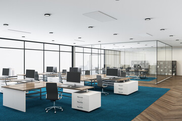 Luxury coworking office interior with computers - obrazy, fototapety, plakaty