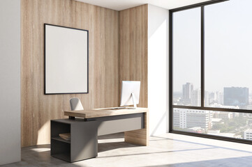 Clean office interior with blank banner on wooden wall.