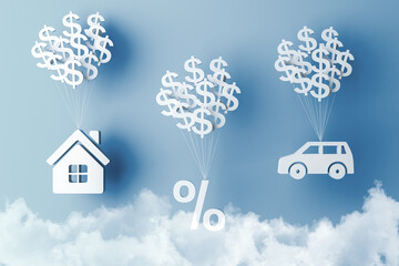 House and car flies on abstract balls in the form of a dollar