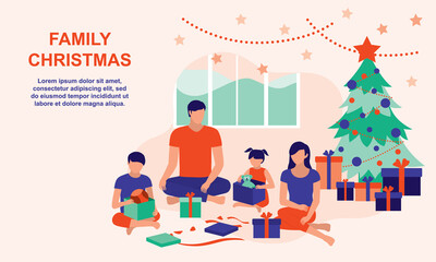 Family Opening Christmas Present Together At Home. Full Length. Flat Design.