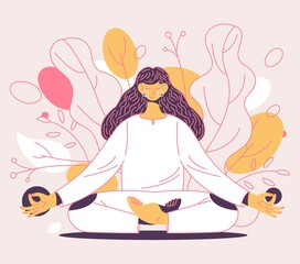 Mindfulness concept illustration with woman doing yoga practice. Greenery and leaves around character with closed eyes