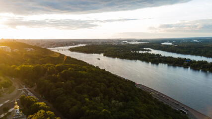 Aerial view to the Dnipro river near the Kyiv, Ukraine. Warm summer sunset 