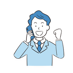 電話を受けて喜ぶ男性会社員のイラスト