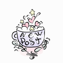 New post beautiful lettering handwritten flat vector. Vector elements for greeting card, invitation, poster, T-shirt design, post card, video blog cover, for social media content.