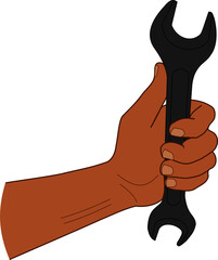 man's hand holding a large wrench vector on white background isolated