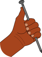 hand of a man holding a large nail in his fist with thumb up. Vector on a white background isolated