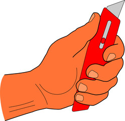 man's hand holding red stationery knife vector on white background isolated