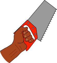 man's hand holding hand saw with orange handle vector on white background isolated