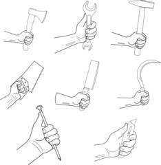 icon set mans hand holding variety of tools vector outlines on a white background isolated