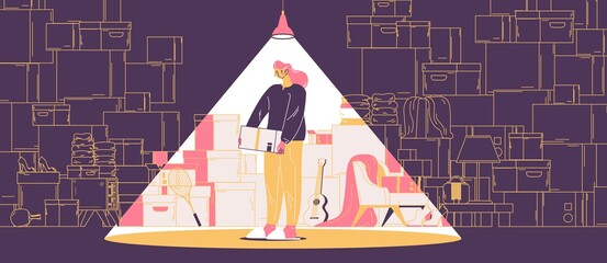 Woman in room full of boxes and products concept illustration. Obsessive compulsive disorder collecting things