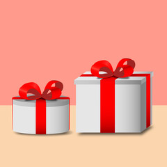 Vector illustration of two gift boxes with red ribbon tied, isolated on pink background. Christmas and special days concept.