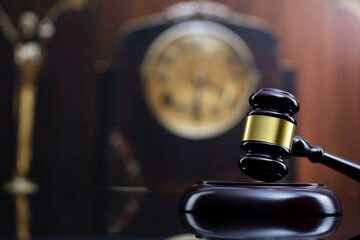 Law concept. Judge wooden gavel and old clock on brown background.