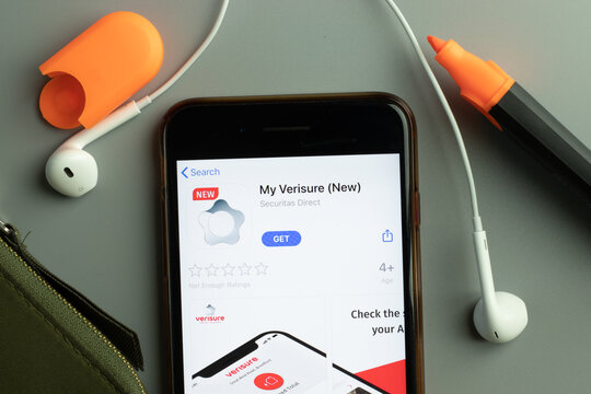 New York, USA - 26 October 2020: My Verisure mobile app icon logo on phone screen close-up, Illustrative Editorial
