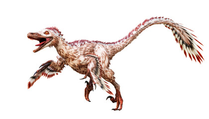 Running Velociraptor mongoliensis isolated on white background. Theropod dinosaur with feathers from Cretaceous period scientific 3D rendering illustration © Matthieu