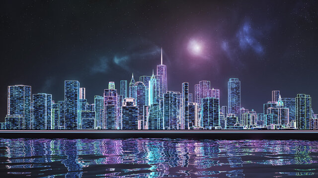 Retrowave or synthwave New York city Manhattan skyline 3D rendering illustration. Generic futuristic neon cityscape concept.
