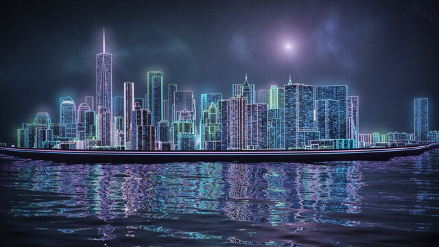 Retrowave Or Synthwave New York City Manhattan Skyline 3D Rendering Illustration. Generic Futuristic Neon Cityscape Concept.