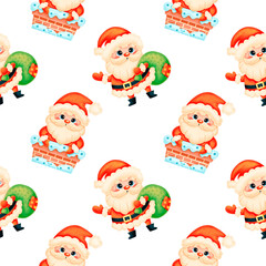 Cute cartoon christmas seamless pattern. Santa Claus in the chimney with a bag of gifts seamless pattern.