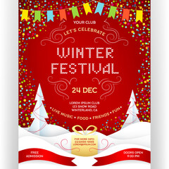 Poster for winter festival. Red colors invitation flyer with paper cut effect snowdrift, gifts, confetti and flags. - 391255989