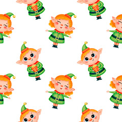 Cute cartoon christmas seamless pattern. Christmas elves seamless pattern.