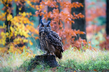 Sitting Eurasian eagle-owl Bubo bubo in wild woodland