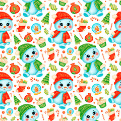 Cute cartoon christmas seamless pattern. Snowmen seamless pattern.