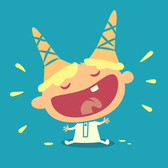 Happy baby laughing with ice cream cornets on its head as horns