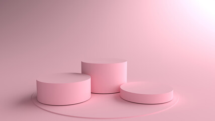 3D rendering of Pink Round Pedestal, Podium for display product on the pink floor. Pedestal can be used for commercial advertising, Isolated on pink background, Product Presentation, illustration.