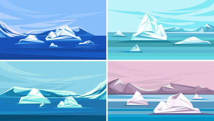 Collection of landscapes with melting ice. North pole scenery.