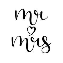 Mr and mrs hand drawn lettering ink in black with a heart shape . isolated on white background. Script calligraphy vector illustration.