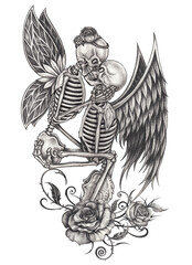 Surreal art couple love fairy and angel skull tattoo design by hand drawing on paper.