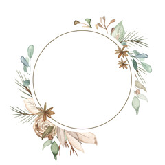 Fototapeta na wymiar Winter christmas plants, leaves, branches, pine, flowers in brown and green watercolor round frame