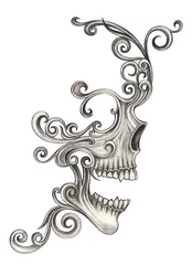Fotobehang Skull tattoo vintage surreal art  design by hand drawing on paper. © jiewsurreal