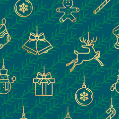 Green and gold Christmas seamless pattern with Christmas symbols icons. Holiday background in vector for printing or creating a design.