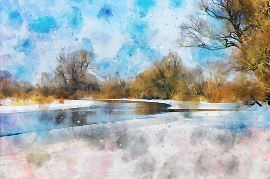 Watercolor painting of havel river winter landscape in Germany. snowy Havelland region.