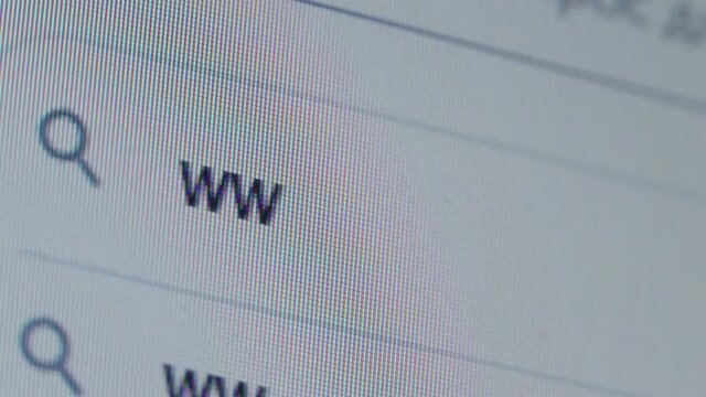 WWW is written in the search bar with the cursor and the magnifying glass symbol. Macro photography of the monitor display.