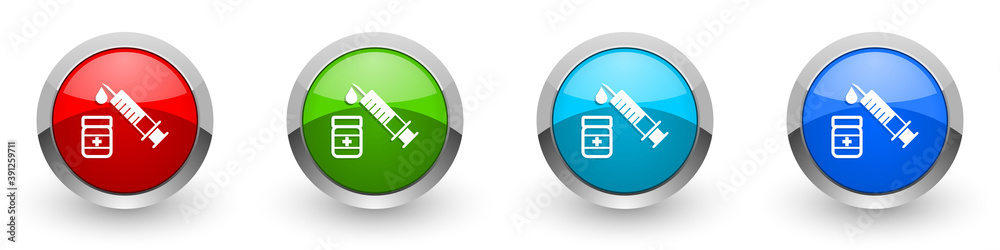 Poster vaccine, syringe silver metallic glossy icons, set of modern design buttons for web, internet and mo