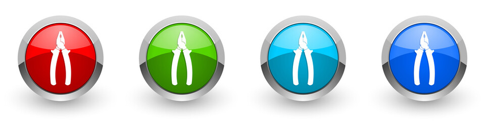 Pliers tool, equipment silver metallic glossy icons, set of modern design buttons for web, internet and mobile applications in four colors options isolated on white background