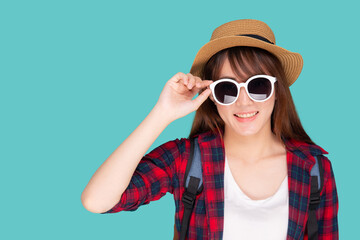 Beautiful portrait young asian woman wear hat and holding sunglasses smiling confident enjoy...