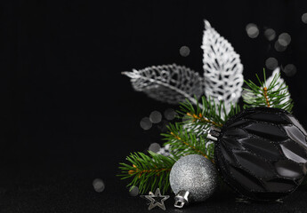 Obraz na płótnie Canvas Green twig of Christmass tree and silver glitter decorations