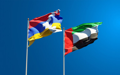 Beautiful national state flags of UAE United Arab Emirates and Artsakh together at the sky background. 3D artwork concept.